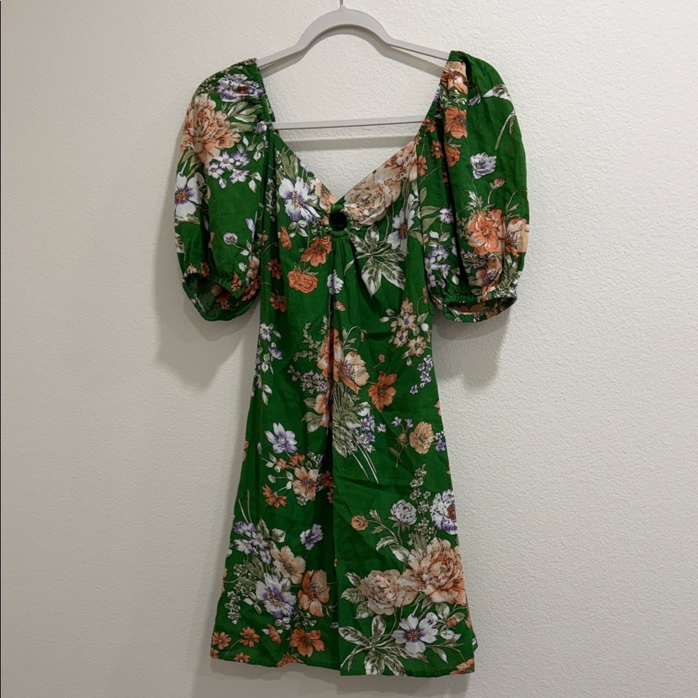 NWT Sim &Sam Linen Blend Floral Green Dress